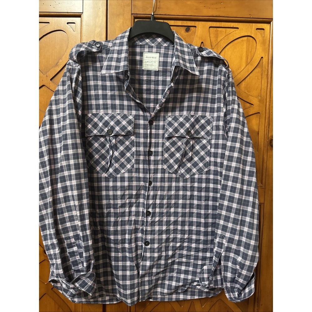 Billy Reid Shirt Mens XL Burgundy Navy Plaid Standard Cut Button Front Read
